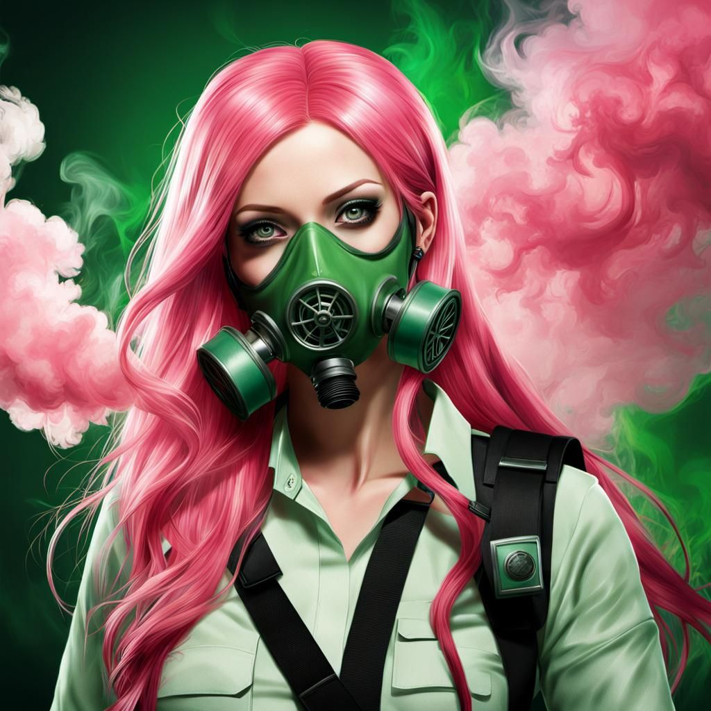 Woman with Pink Hair and Gas Mask in Living Room
