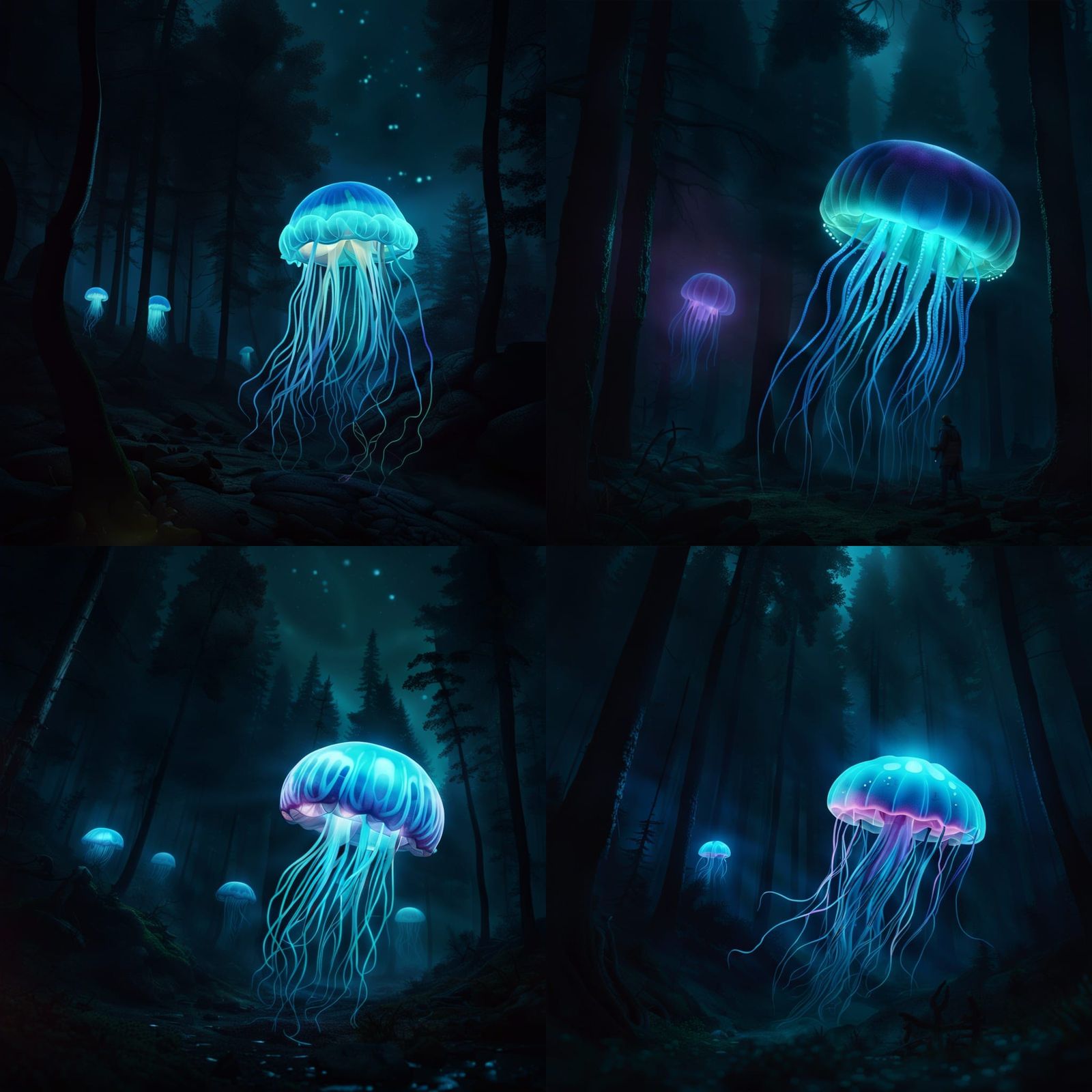Bioluminescent Jellyfish Floats Through Misty Forest, in Fol...