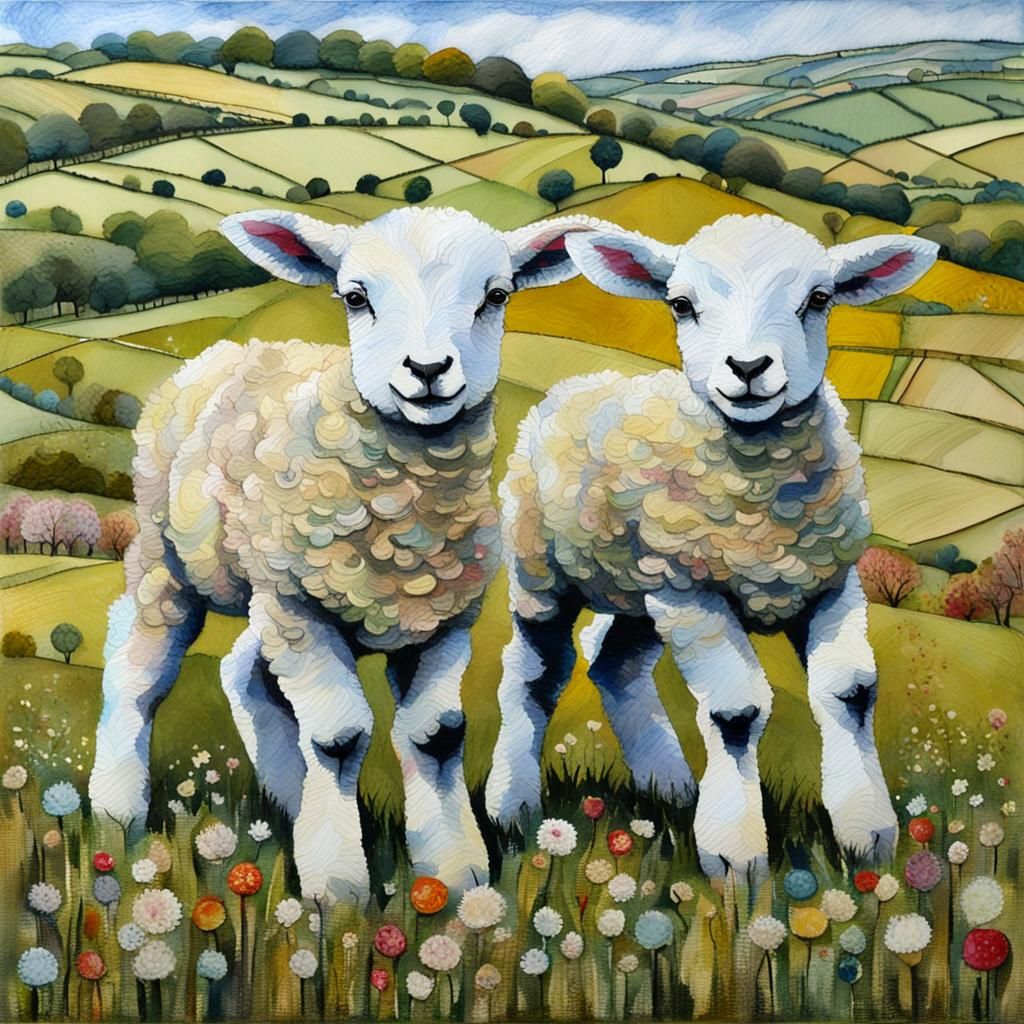 Downland Lambs Playing in Cotswold Field: Mixed Media