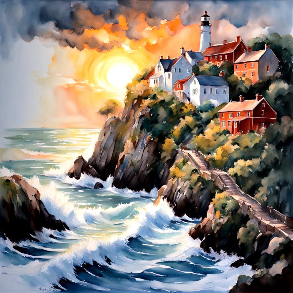 Coastal City with Lighthouse in Wet Pastel Style