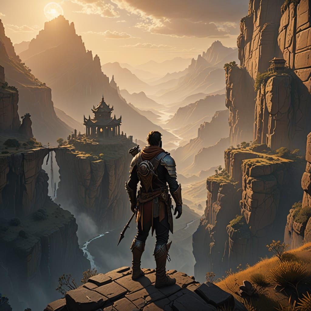 Explorer Gazing at Ancient Canyon Temple, Matte Painting