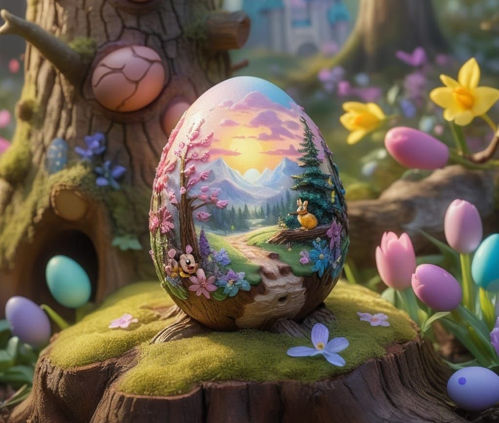Whimsical Disney Easter Egg on Tree Stump in Forest, in Drea...