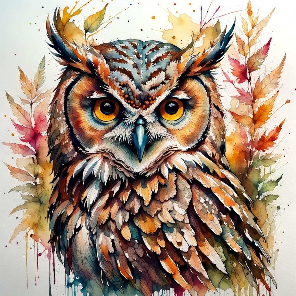Watercolor Owl: Intricate Nature Scene in Warm Tones