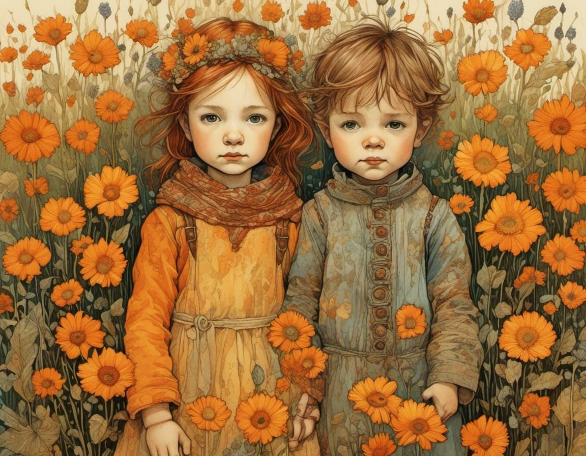 Whimsical Autumn Portrait of Toddler Siblings in Storybook S...