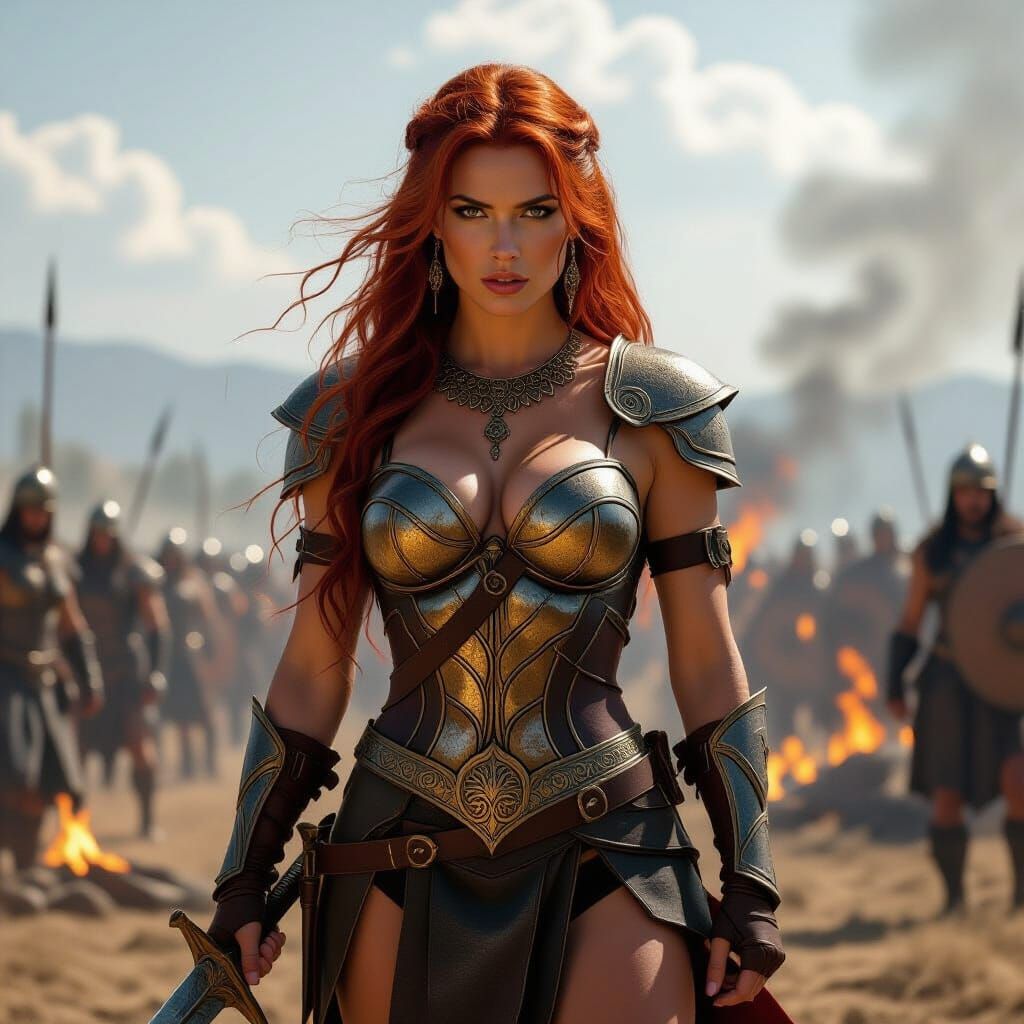 Legendary Warrior Amidst Battlefield Flames