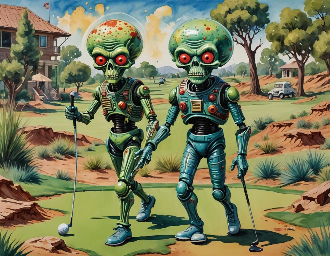 Martian Golf Outing in Gouache Style