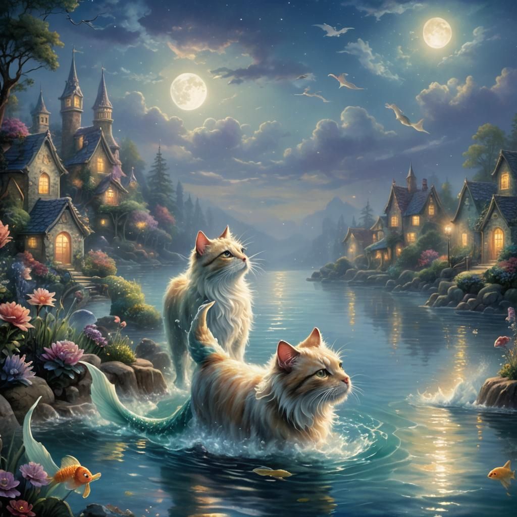 Mermaid Cat and Dog Swimming in Moonlight