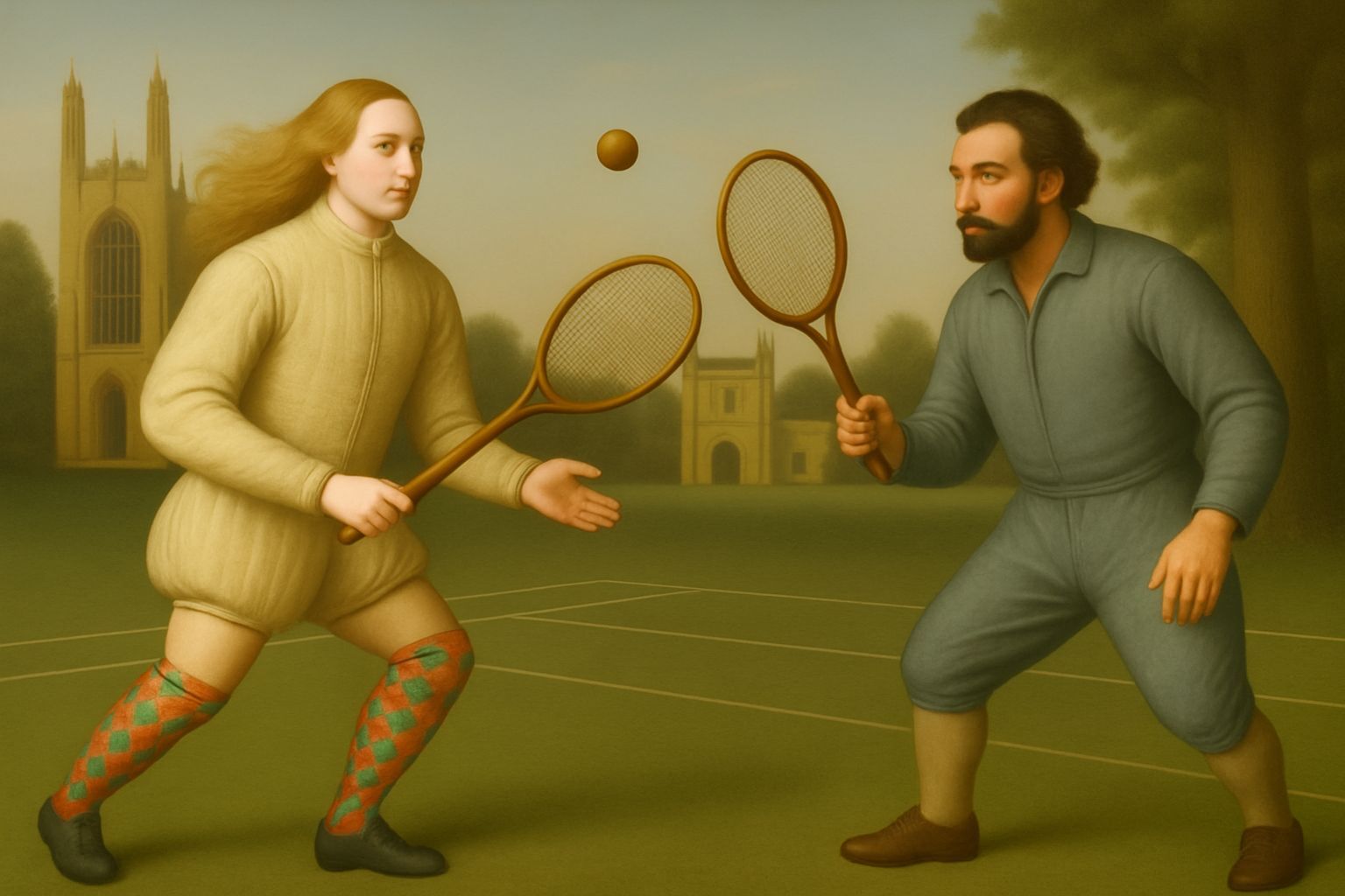 Tudor Tennis at Cambridge: A Historical Oil Painting