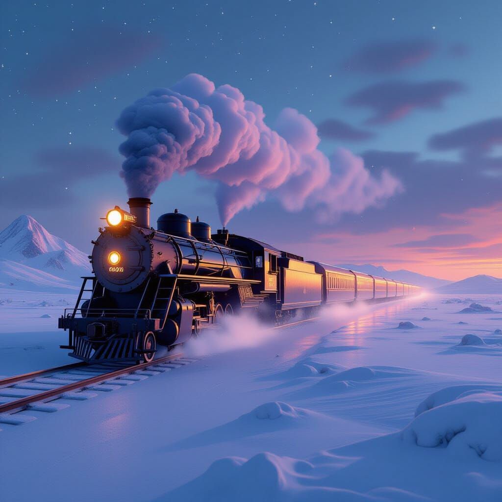 Art Nouveau Train in Snowy Twilight Landscape