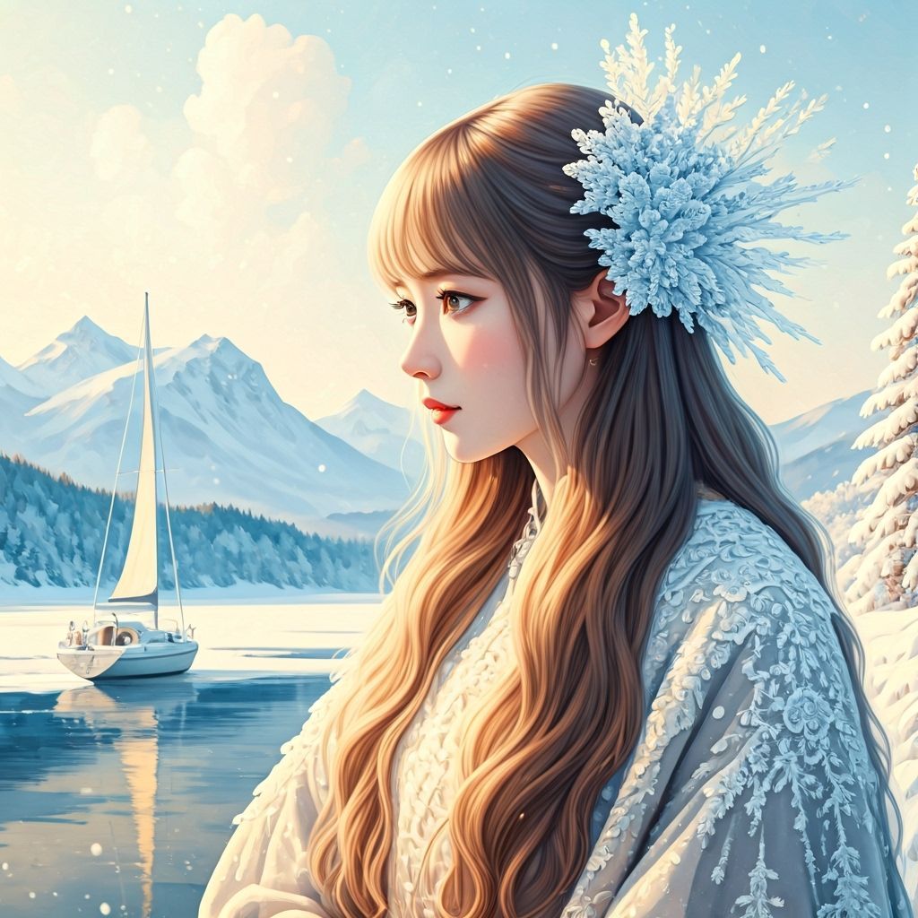 Winter Lake Scene with Sailing Boat and Frosted Trees in Pas...