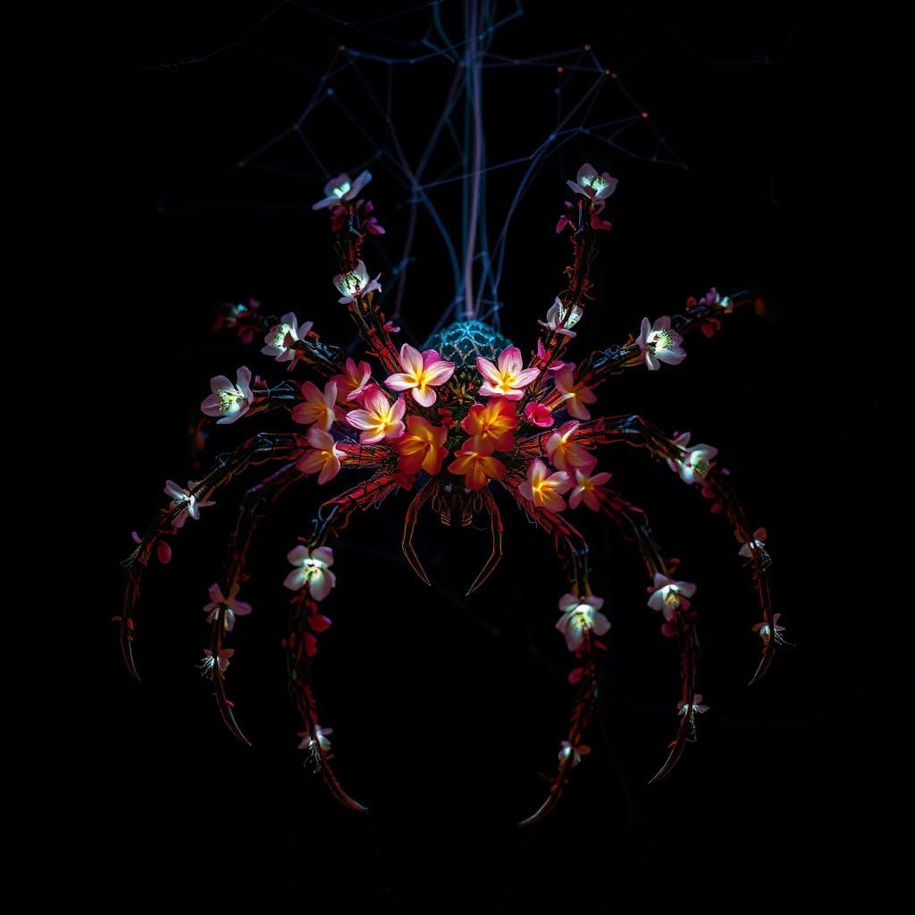 Bioluminescent Flower Spider in Web of Shadows