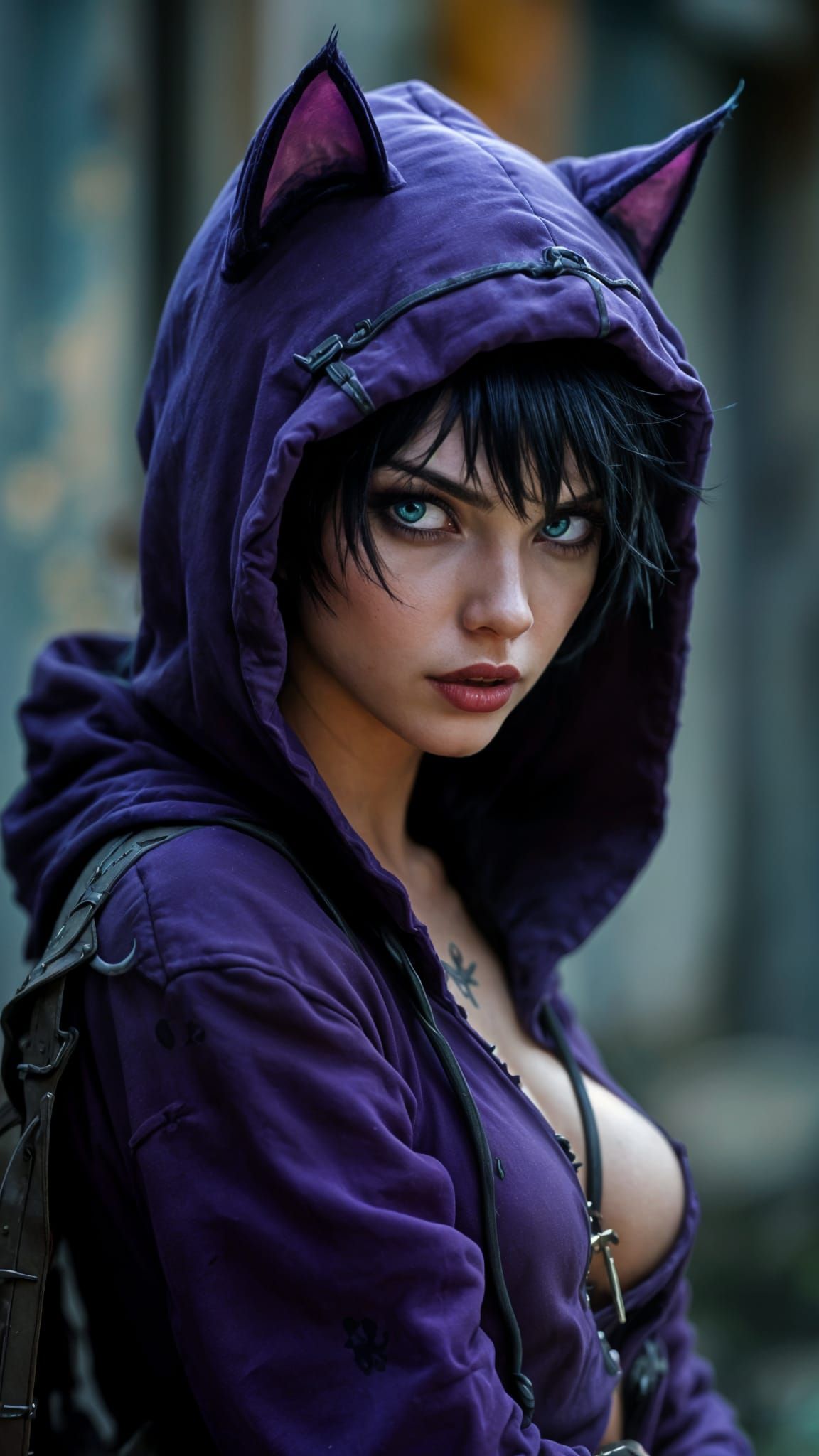 Defiant Cat-Themed Woman in Digital Art Style