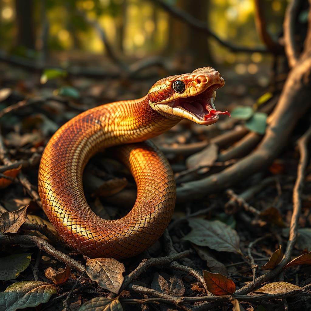 Copperhead Snake Mid-Strike in Forest Light