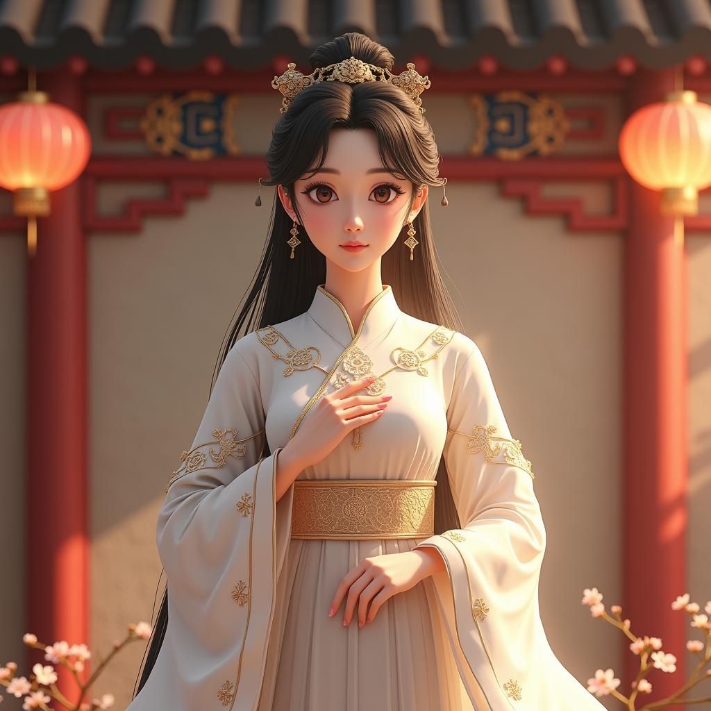 Elegant Hanfu Woman with Lantern: 3D Anime Art