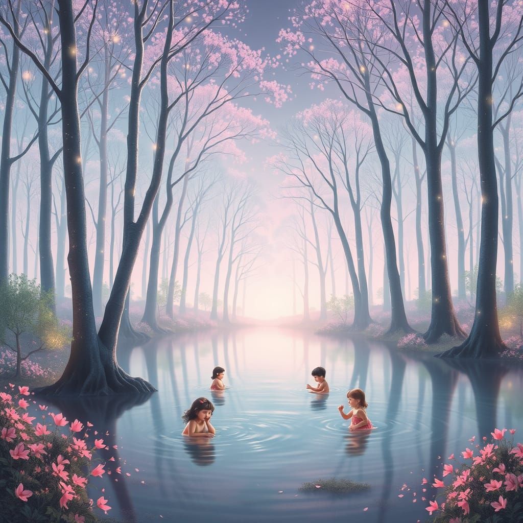 Enchanted Silvery-Pink Forest with Whimsical Children
