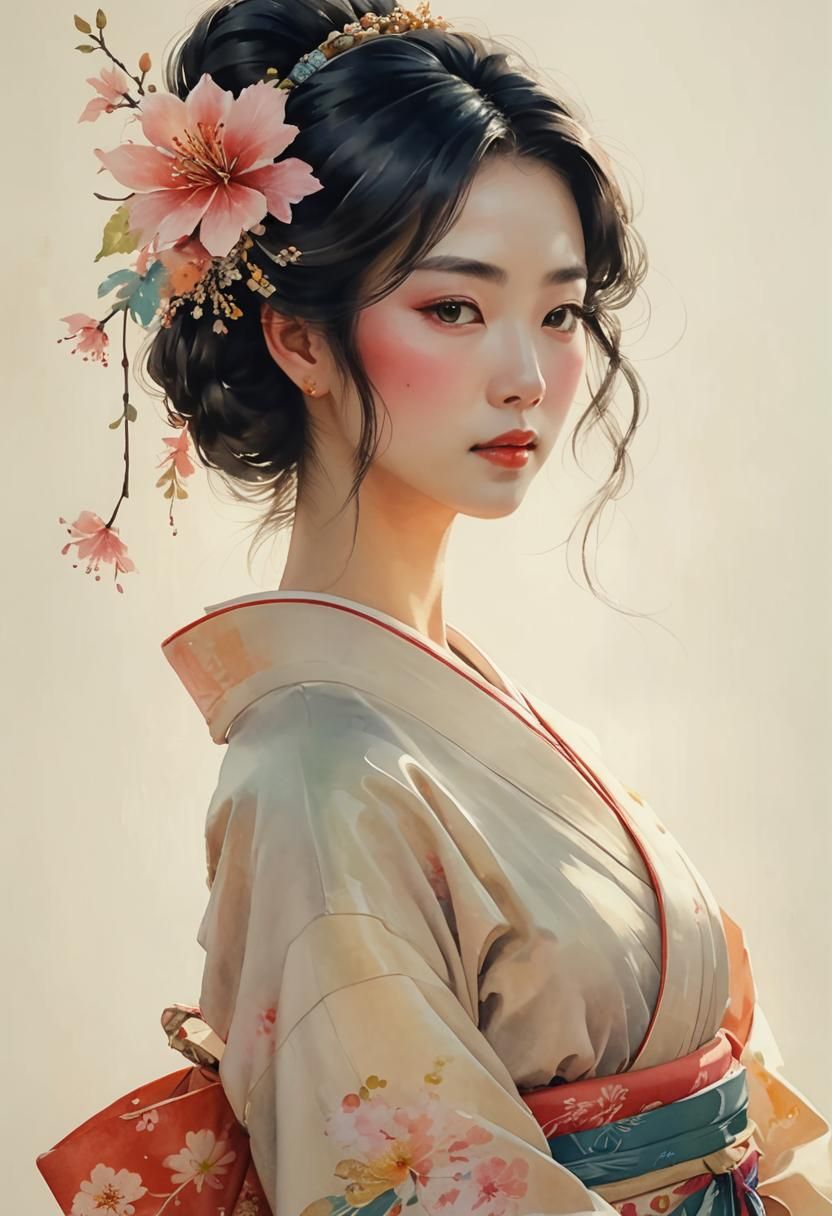 Japanese Woman Portrait in Watercolor Style