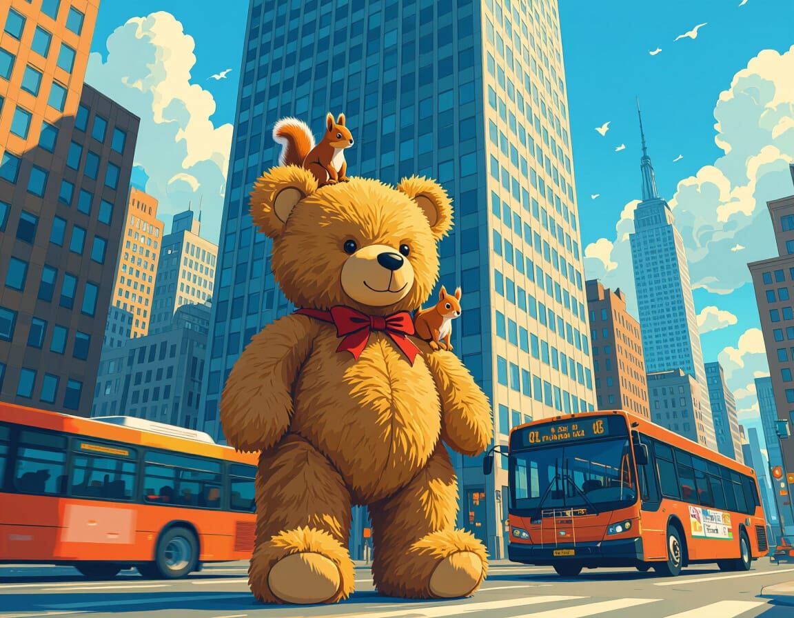 Teddy Bear in Cityscape with Squirrel, Whimsical Style