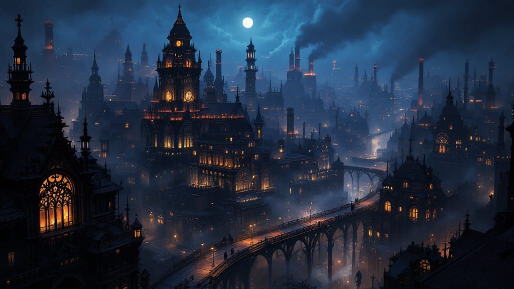 Mystical Victorian Cityscape at Night in Fantasy Art Style