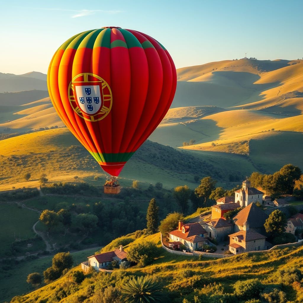Portuguese Flag Balloon Over Rolling Hills