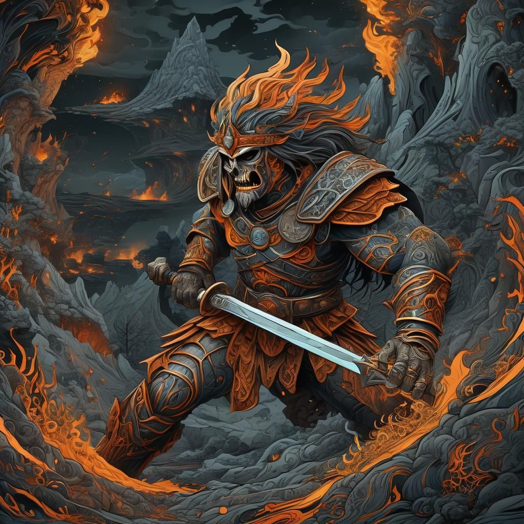 Barbarian Warrior Battles Undead: Fractal Vector Art