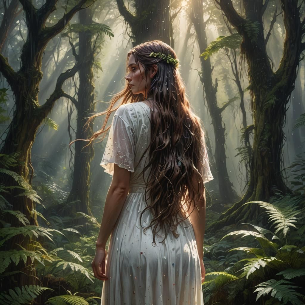 Girl in White Dress Stands in Forest Light