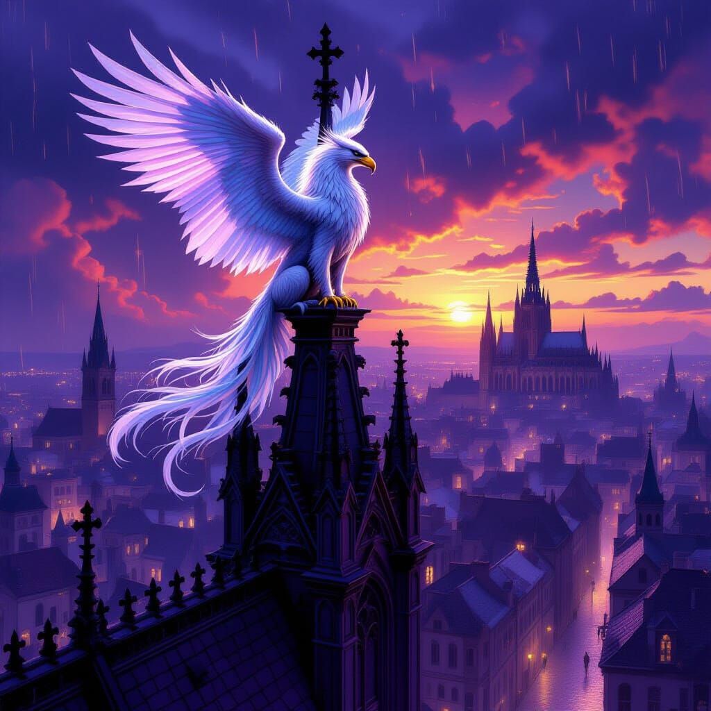 Majestic Griffin Perched on Gothic Cathedral Spire