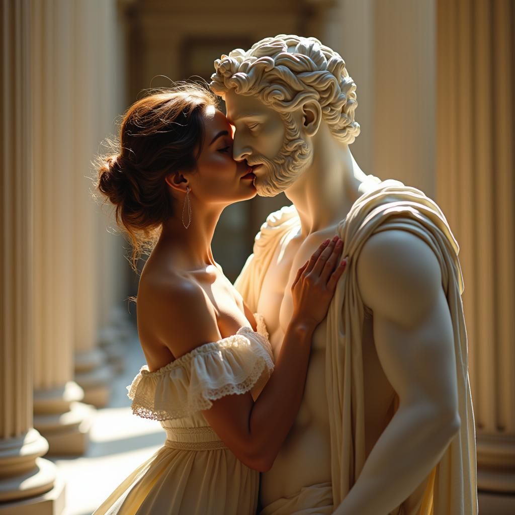Greek Statue Awakens to Kiss Woman in Neoclassical Style