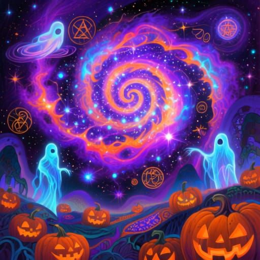 Cosmic Halloween Illustration with Ethereal Entities