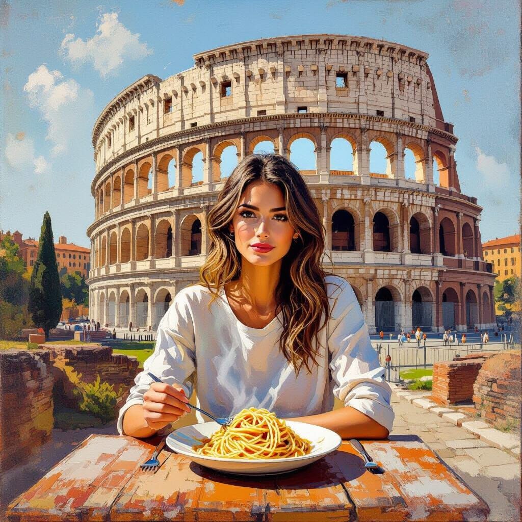 Woman at Colosseum Table with Spaghetti, Warm Still Life
