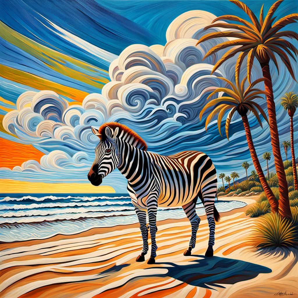Surreal Zebra on Beach: Gouache Impressionist Painting