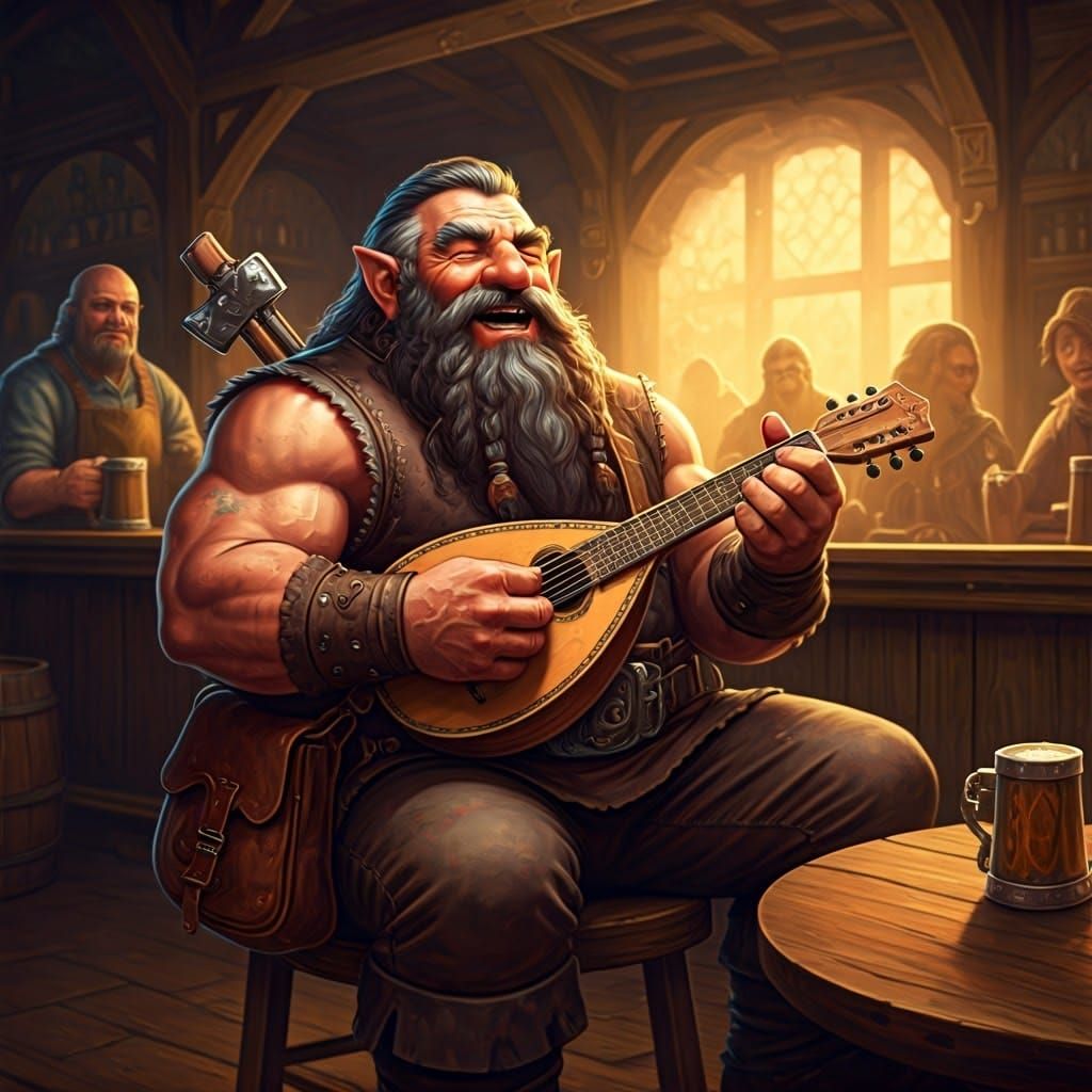 Dwarf Bard Plays Mandolin in Fantasy Tavern