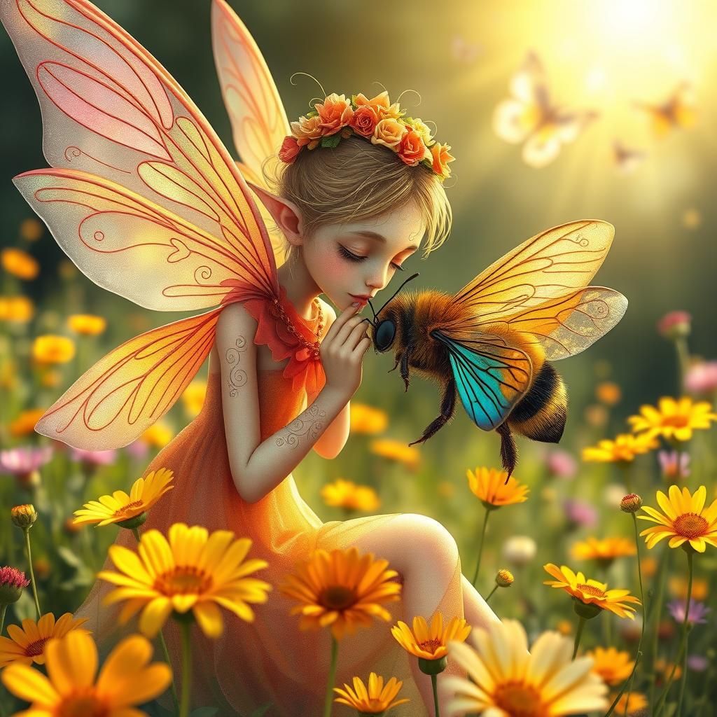 Fairy Kissing Bumblebee in Dreamy Meadow