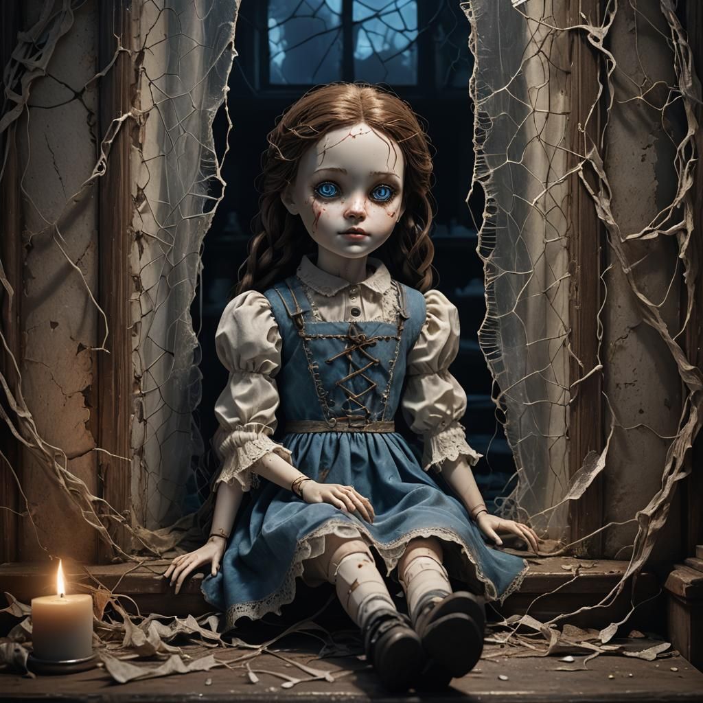 Eerie Doll in Abandoned House Window