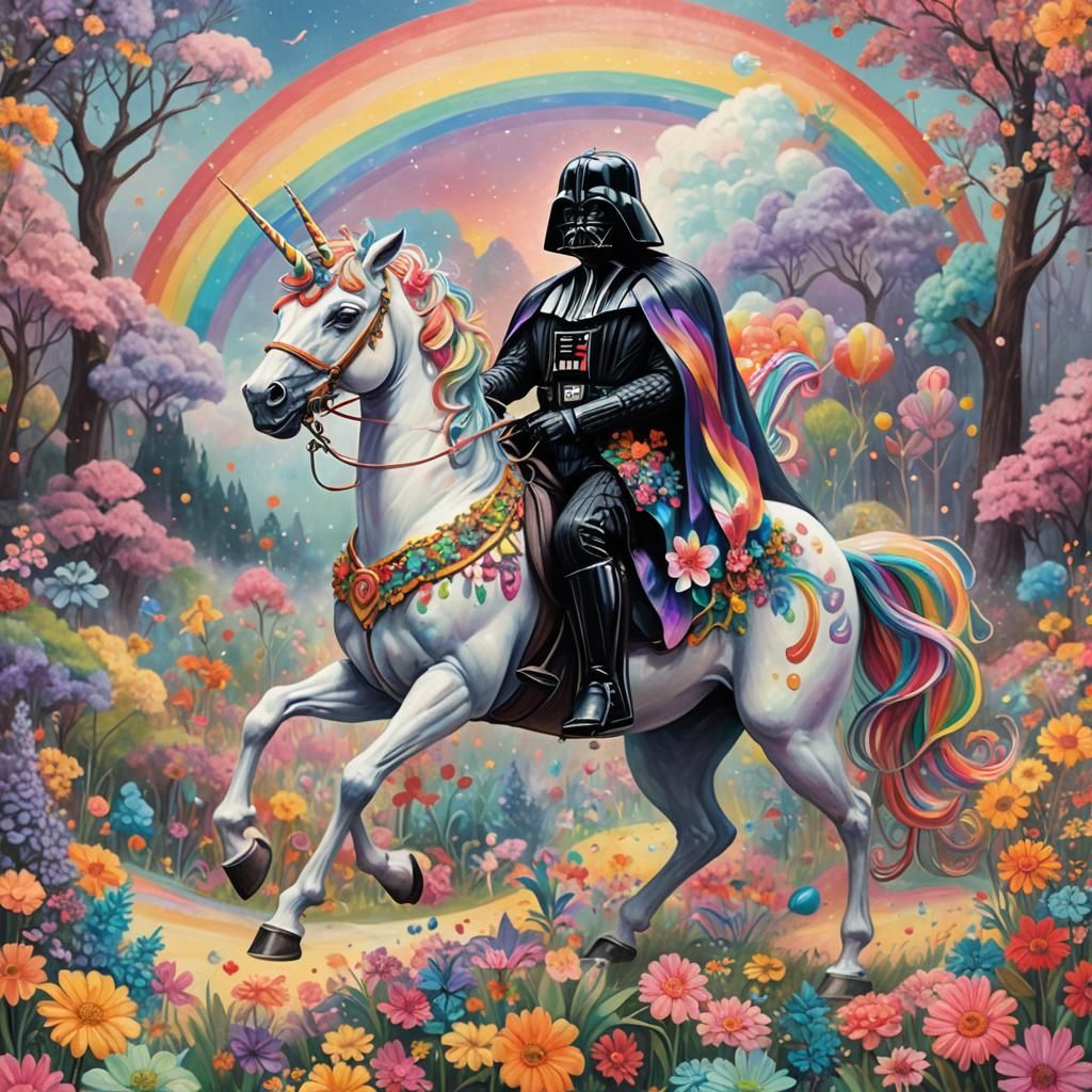 Darth Vader riding a rainbow unicorn