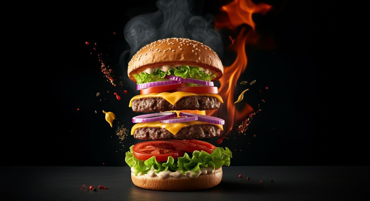 Flying Gourmet Burger Ad Poster in Photorealistic Surrealism