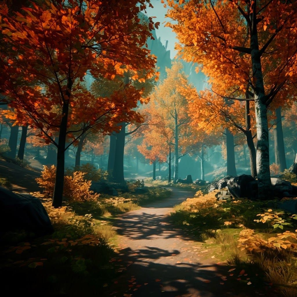 Enchanting Autumn Forest Path in Unreal Engine 5