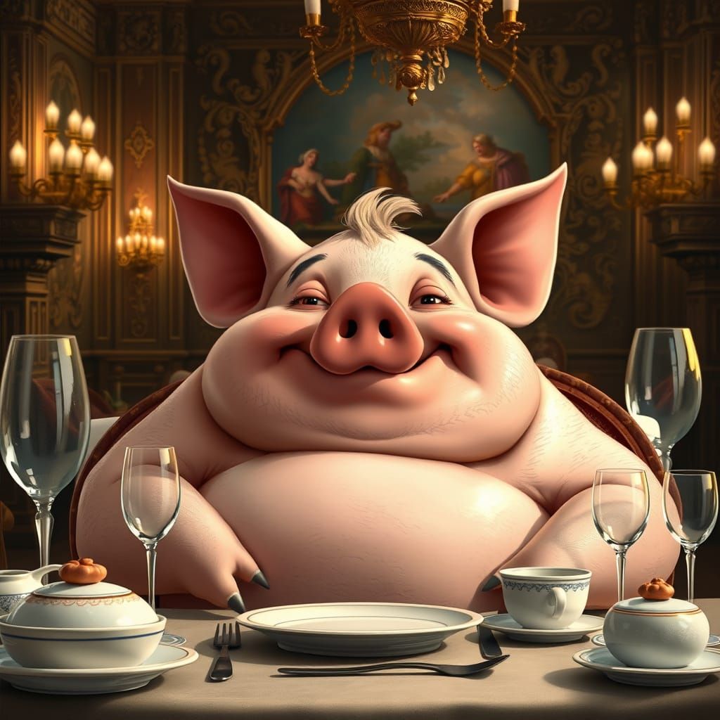 Luxurious Pig in an Ornate Dining Hall
