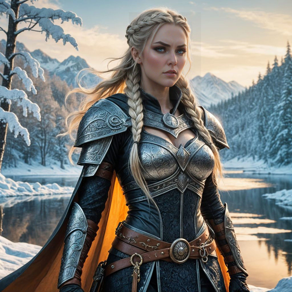 Viking Warrior Goddess in Dark Chainmail Armor, Winter Battl...