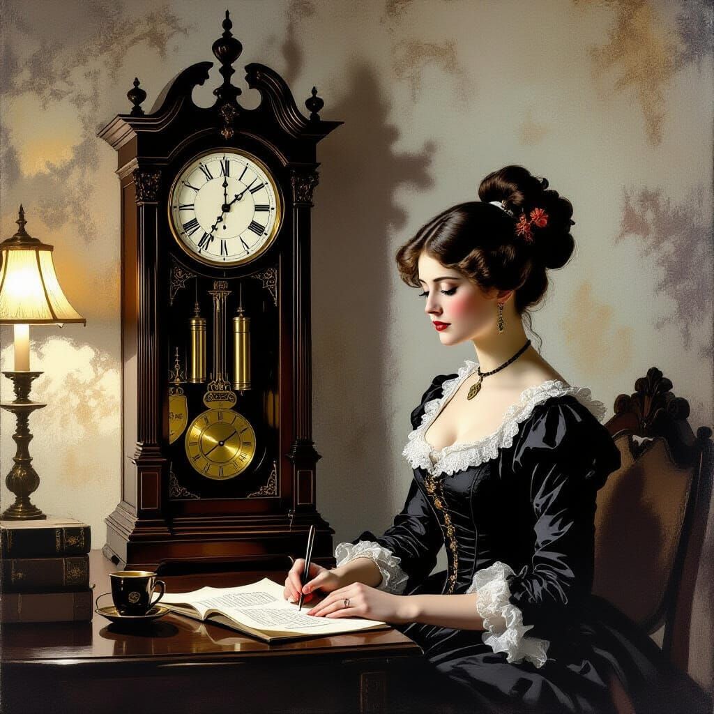 Antique Clock & Woman in Moody Chiaroscuro Style