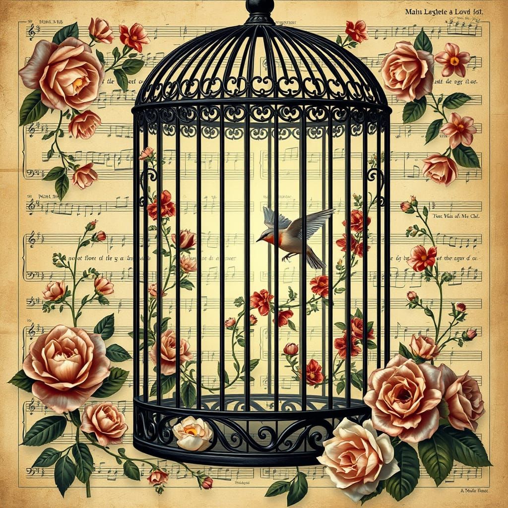 Maximalist Birdcage Fantasy Illustration with Ethereal Light