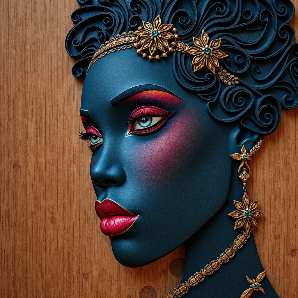 Ebony Woman on Ornate Wooden Surface in Intricate Digital Ar...