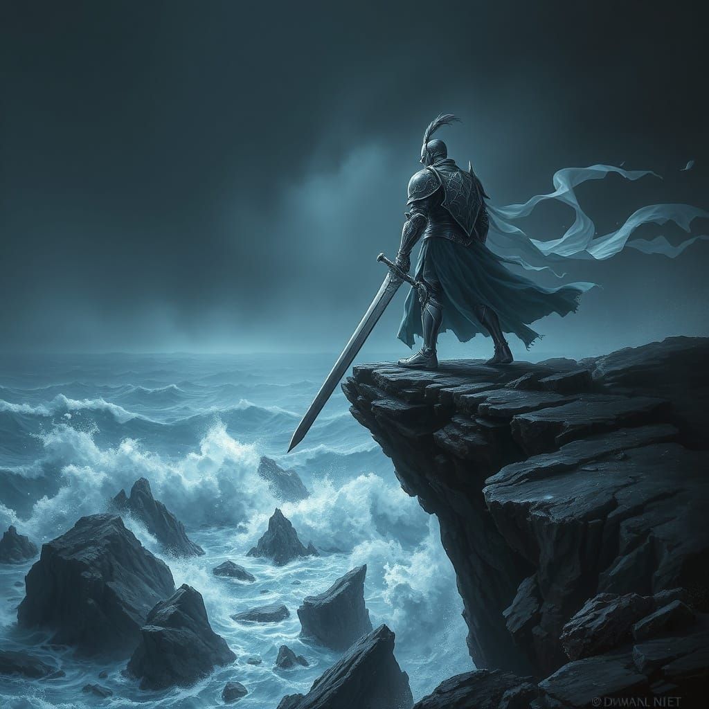 Spectral Knight on Cliff Edge in Dark Fantasy Style