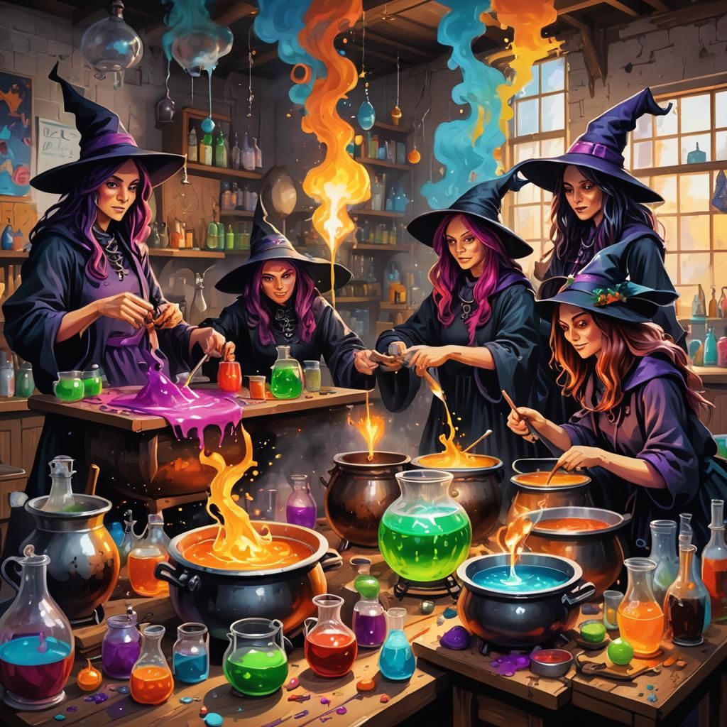 Witches Brewing Potions: Vibrant Graffiti Art Illustration