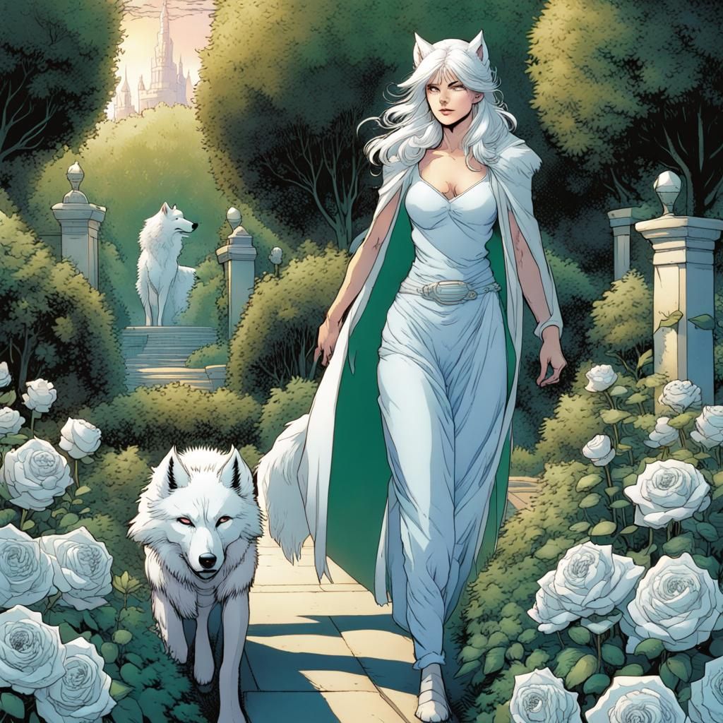 Woman with Wolf Features in Blue Rose Garden