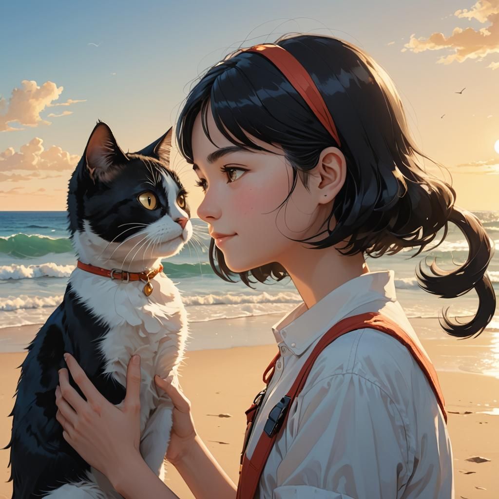 Girl and Cat on Glowing Beach, Anime Style