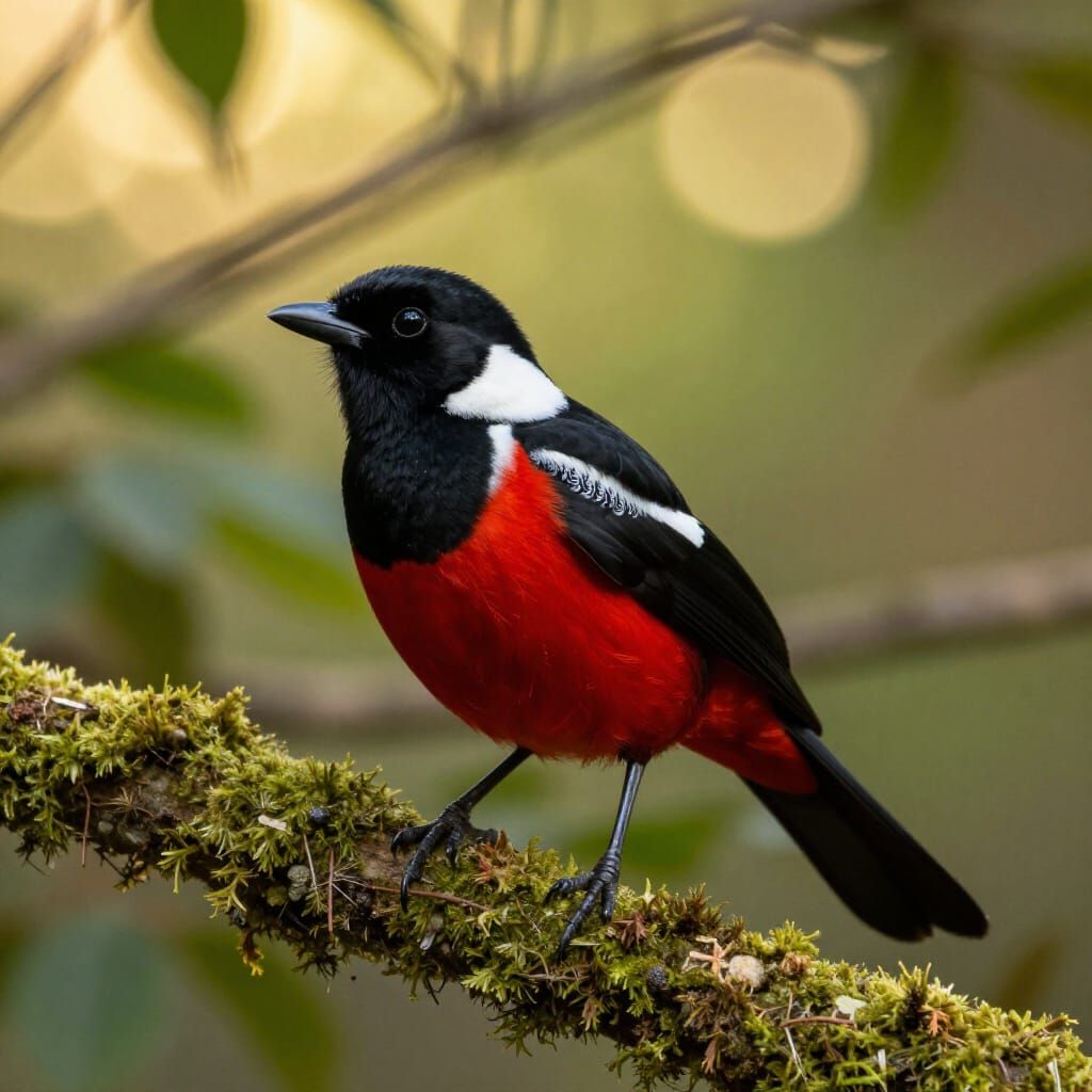 Striking Black, White, and Red Bird on Mossy Branch