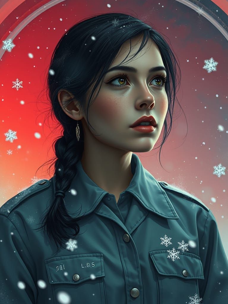 Femme in a Snow Globe Scene with Minimalist Decor