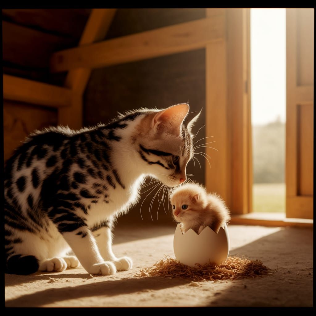 Hybrid Cat-Rooster Birthing Kitten-Chick, Film Photography
