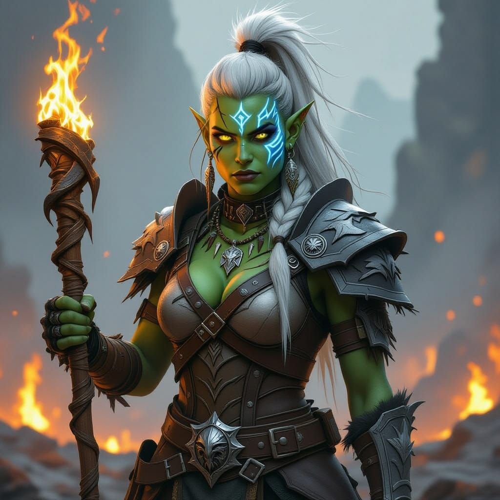 Fantasy Orc Shaman with Flaming Staff