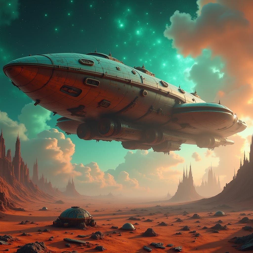 Derelict Spaceship Over Desert Planet in Nebula